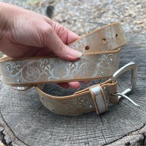 Express Genuine Leather Silver Toned Tan Belt Y2K
